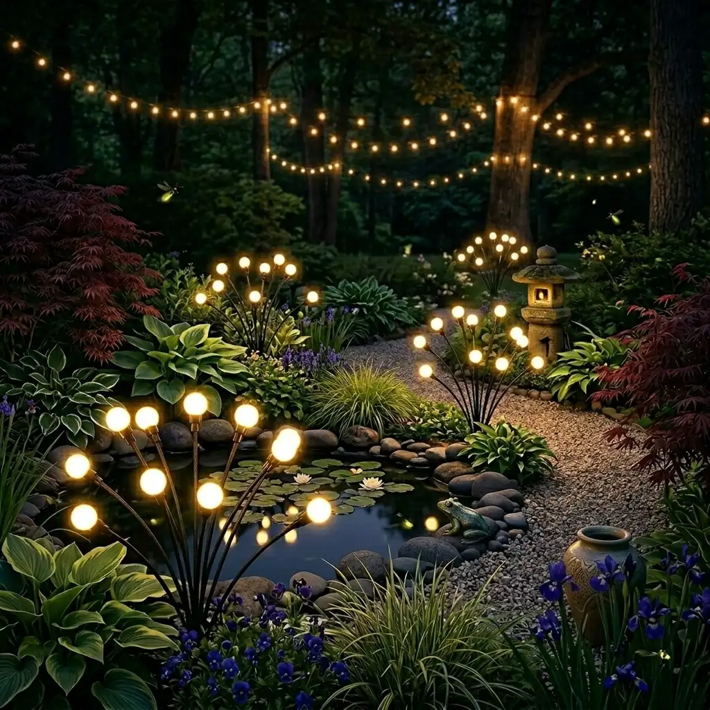 ASMAD Solar garden lights illuminating a beautiful backyard at night