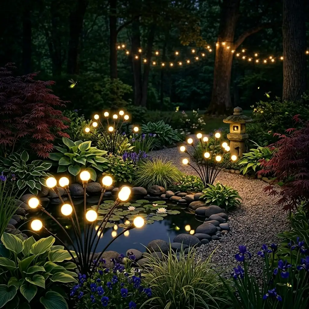 ASMAD Solar Firefly Garden Lights 4-Pack glowing in a garden at night
